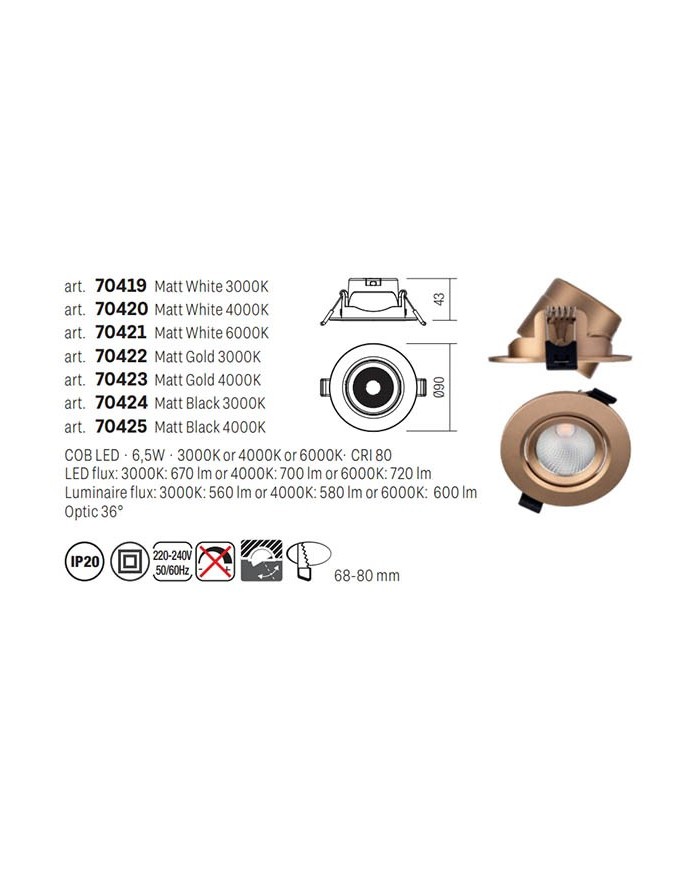 FARETTO DA INCASSO STILE MODERNO PT 08 4000K ORO P