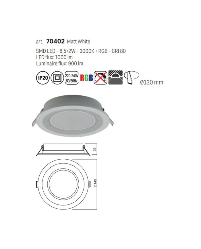 FARETTO DA INCASSO STILE MODERNO PT 06 3000K RGB BIANCO G