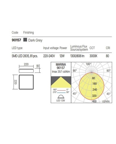 PLAFONIERA PER ESTERNO STILE MODERNO MARINA 3000K 12W