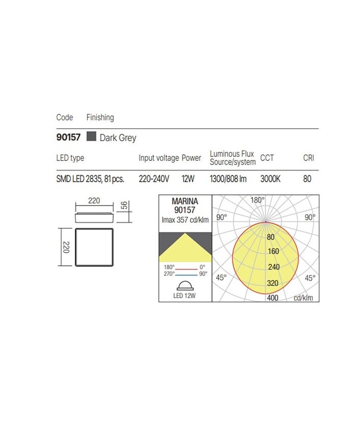 PLAFONIERA PER ESTERNO STILE MODERNO MARINA 3000K 12W