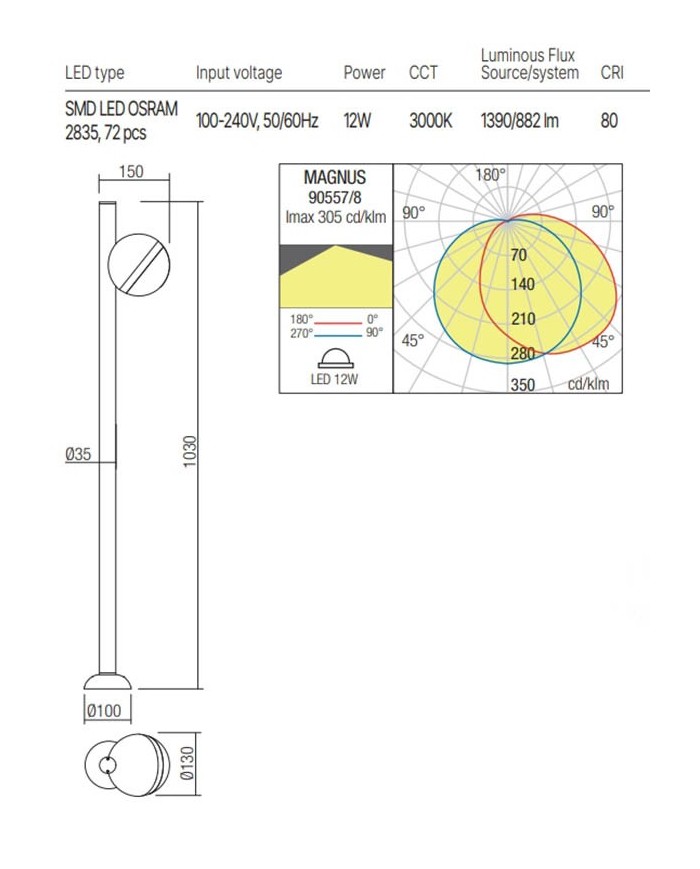 PALETTO PER ESTERNO STILE MODERNO MAGNUS P GRIGIO 3000K 12W